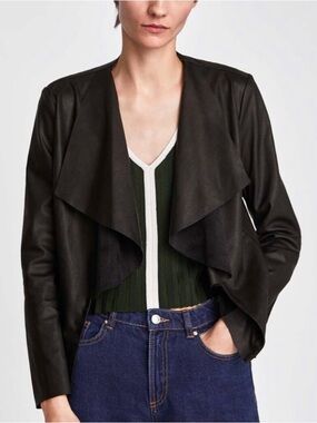 Zara Black Draped Faux-Leather Asymmetrical Jacket